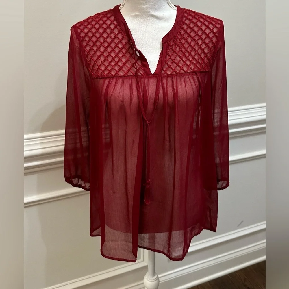 Lucky Brand Red Sheer Boho Embroidered 3/4 Sleeve Blouse with Tassels Sz S - Picture 2 of 9
